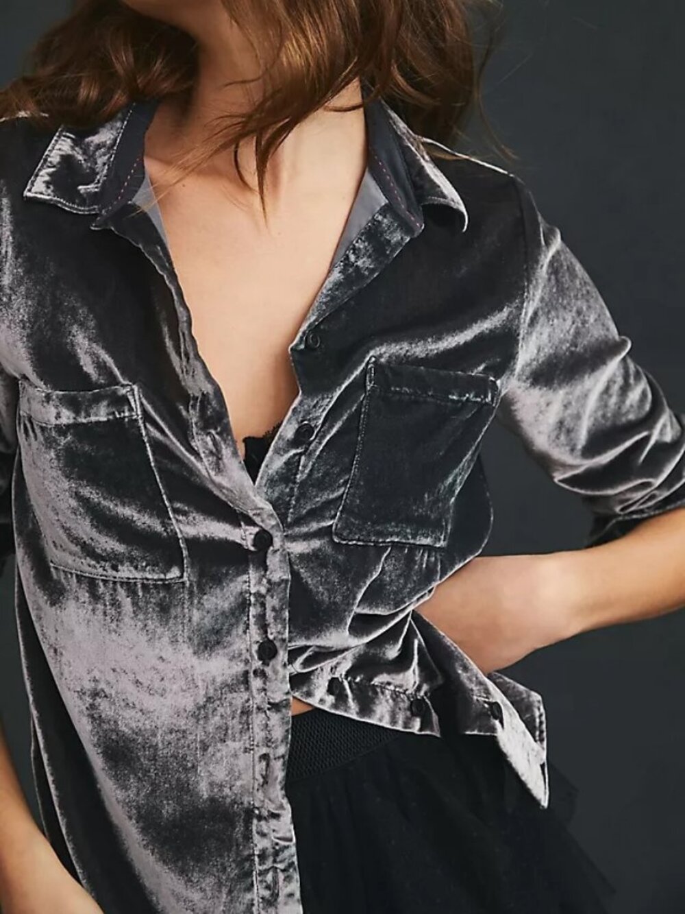 Anthropologie Pilcro Relaxed Velvet Buttondown Shirt Grey M NWT